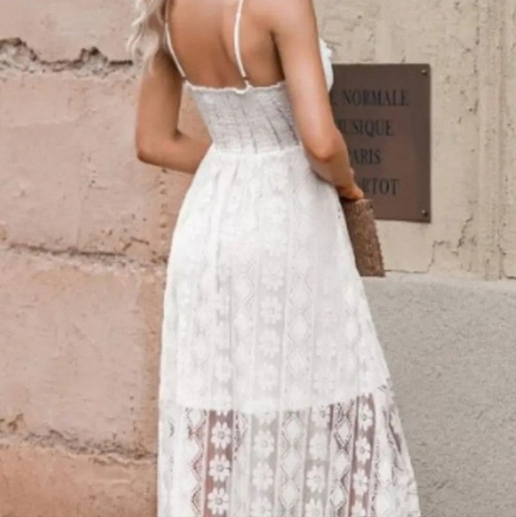 Boho Spaghetti Strap Sexy V-neck Lace Hem Maxi Swing Sundress Vacation Beachwear - Picture 5 of 6